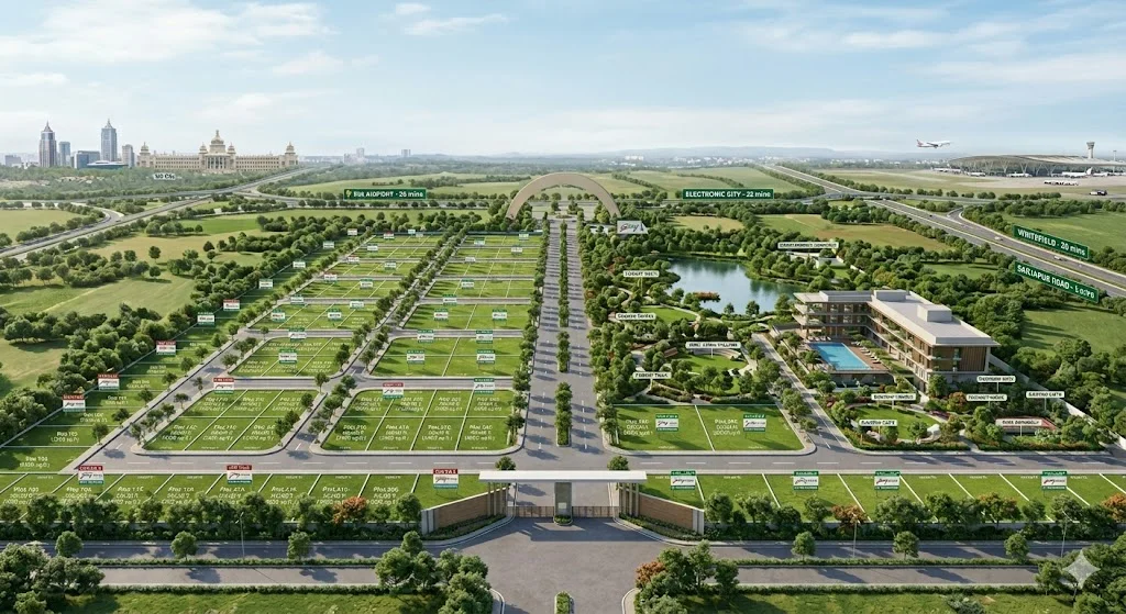 Scenic view of premium residential Godrej plots in Bangalore featuring modern infrastructure by Godrej Properties